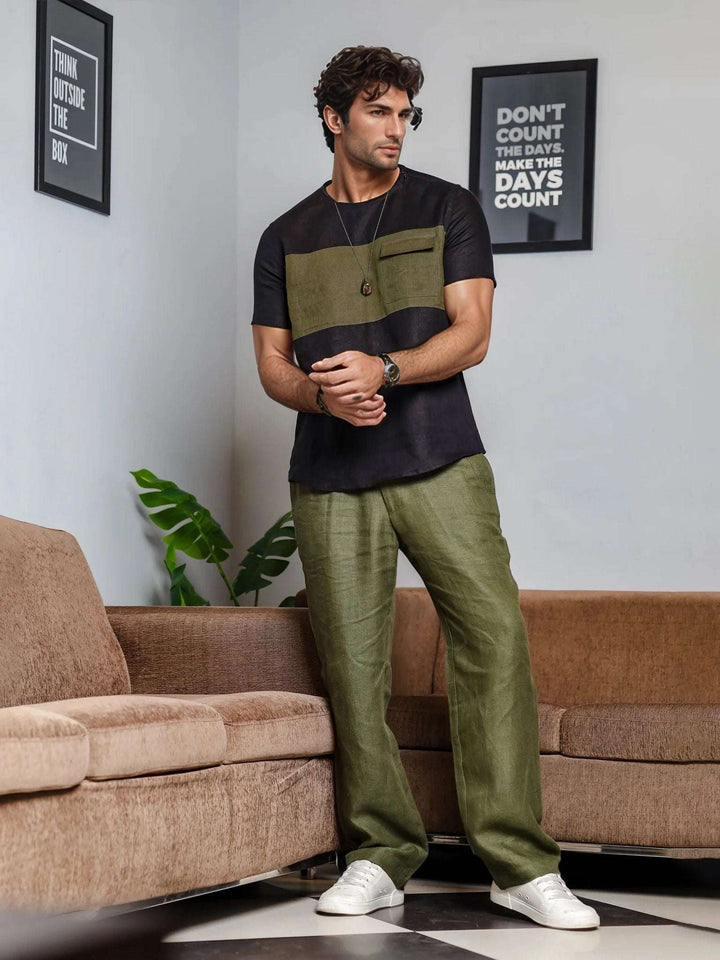 Zach Black & Moss Green Linen T-Shirt – Short Sleeve Color Block - The Organico