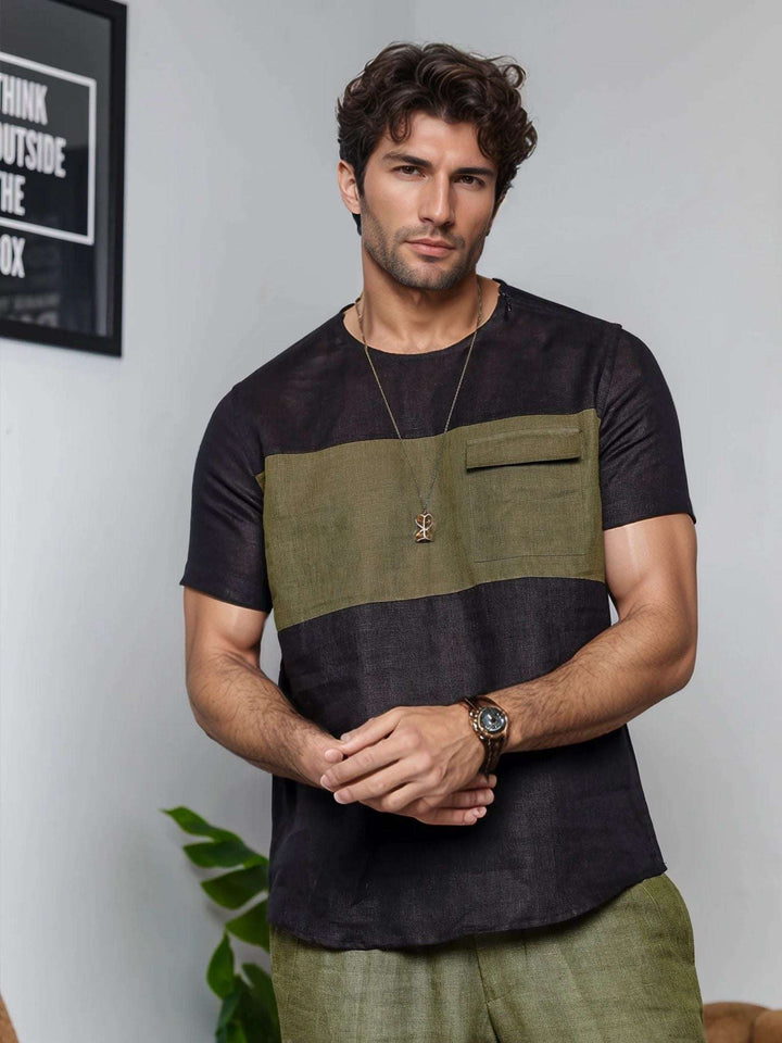 Zach Black & Moss Green Linen T-Shirt – Short Sleeve Color Block - The Organico