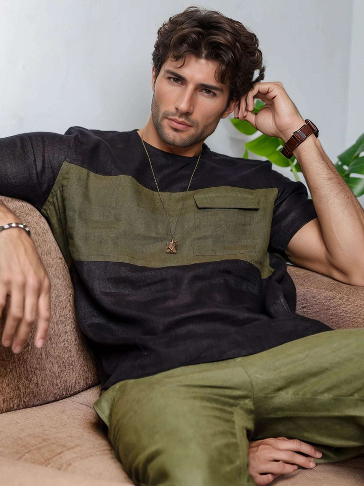 Zach Black & Moss Green Linen T-Shirt – Short Sleeve Color Block - The Organico