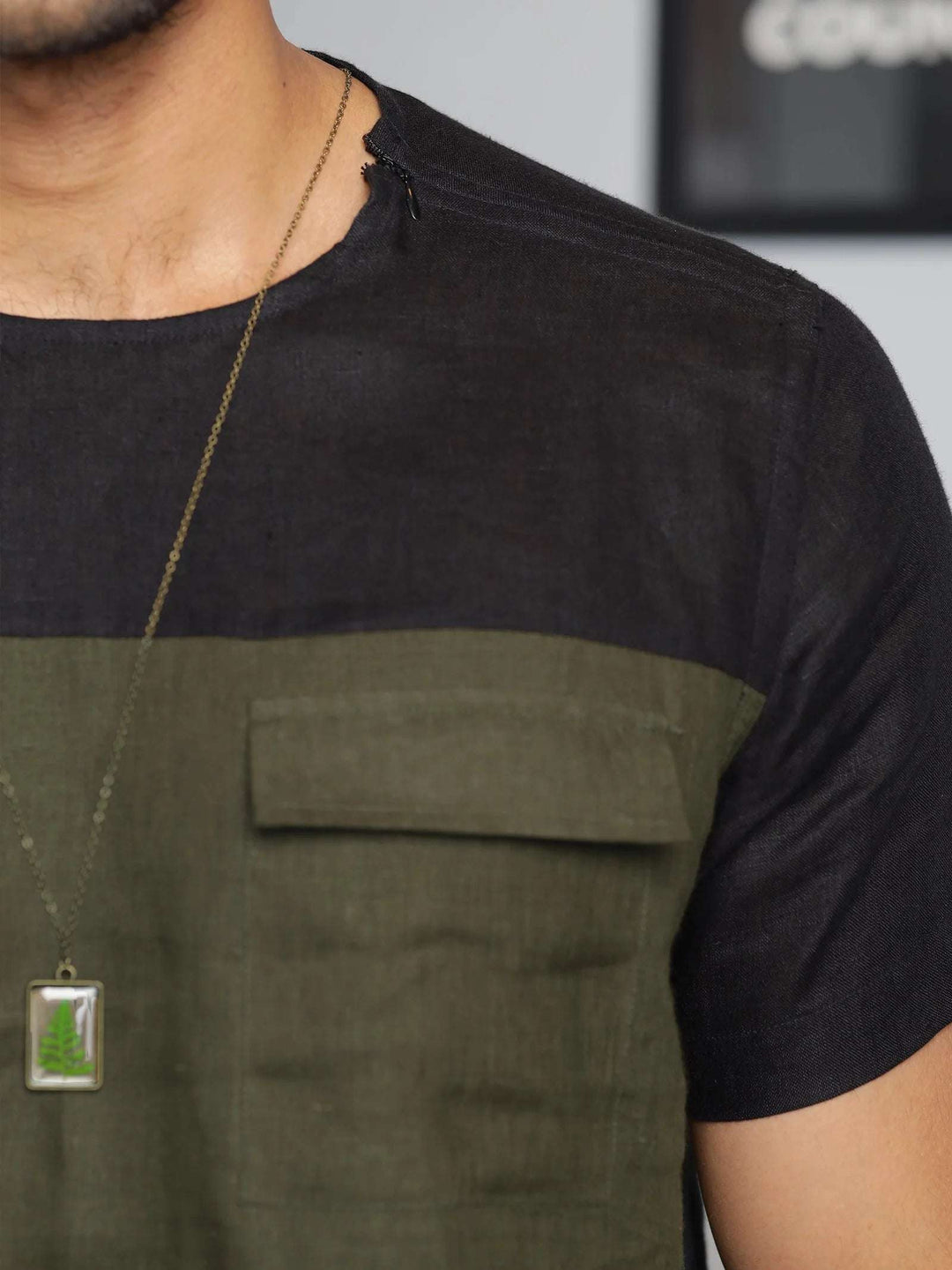 Zach Black & Moss Green Linen T-Shirt – Short Sleeve Color Block - The Organico